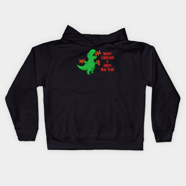 T-rex eating gingerbread men Kids Hoodie by manydoodles